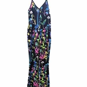 Black Maxi Jumpsuit with Neon Mushroom Print